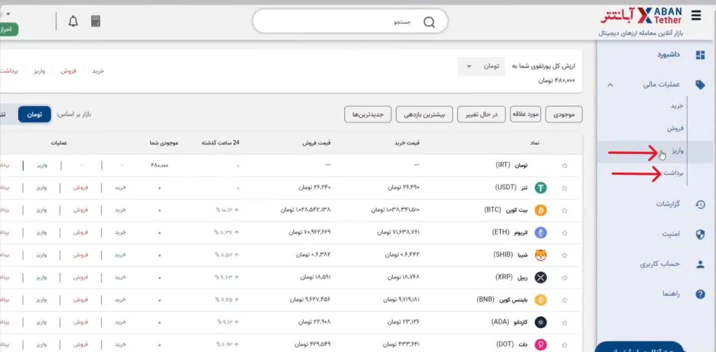 دسترسی به "واریز و برداشت" و "خرید و فروش" در صرافی آبان تتر