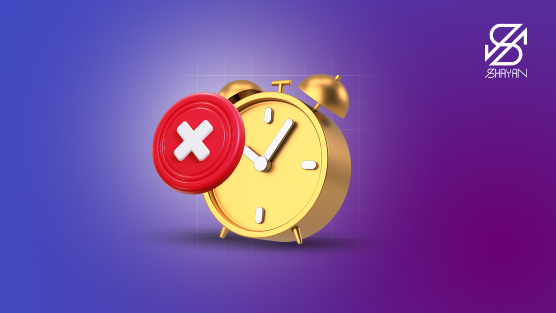 تصویر طراحی شده یک ساعت بزرگ طلایی رنگ که روی آن یک ضربدر بزرگ قرمز رنگ قرار گرفته است 