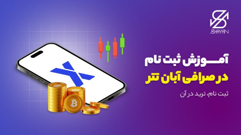 لوگوی صرافی آبان تتر در کنار سکه‌های بیت کوین و نمودارهای تریدینگ و عنوان مقاله