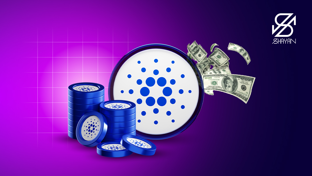 تصویر طراحی شده لوگوی رمزارز کاردانو به همراه اسکناس‌های دلار در پس زمینه 