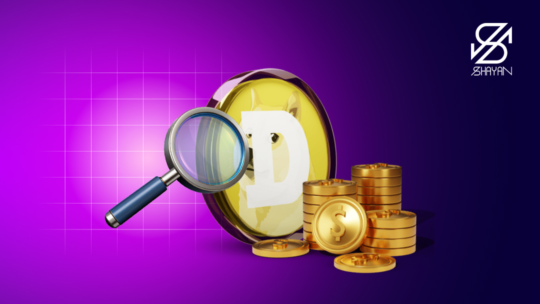 لوگوی دوج کوین به همراه یک ذره بین بزرگ برای شناسایی روی آن و ستونی از سکه‌های طلایی رنگ در کنار آن 