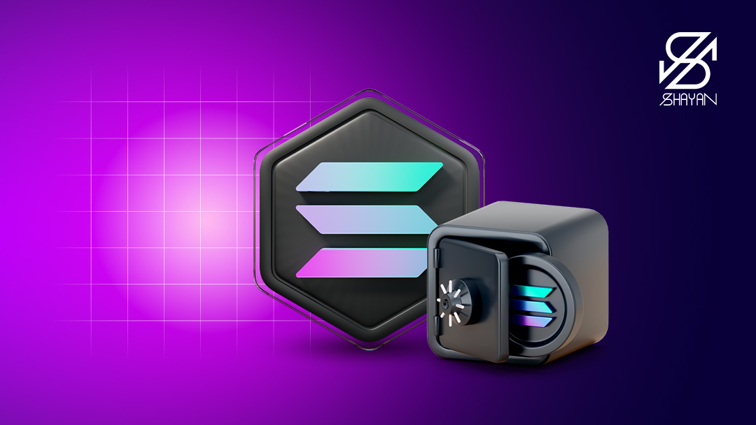 تصویر طراحی شده لوگوی رمزارز سولانا به همراه یک گاو صندوق امن در کنار آن 