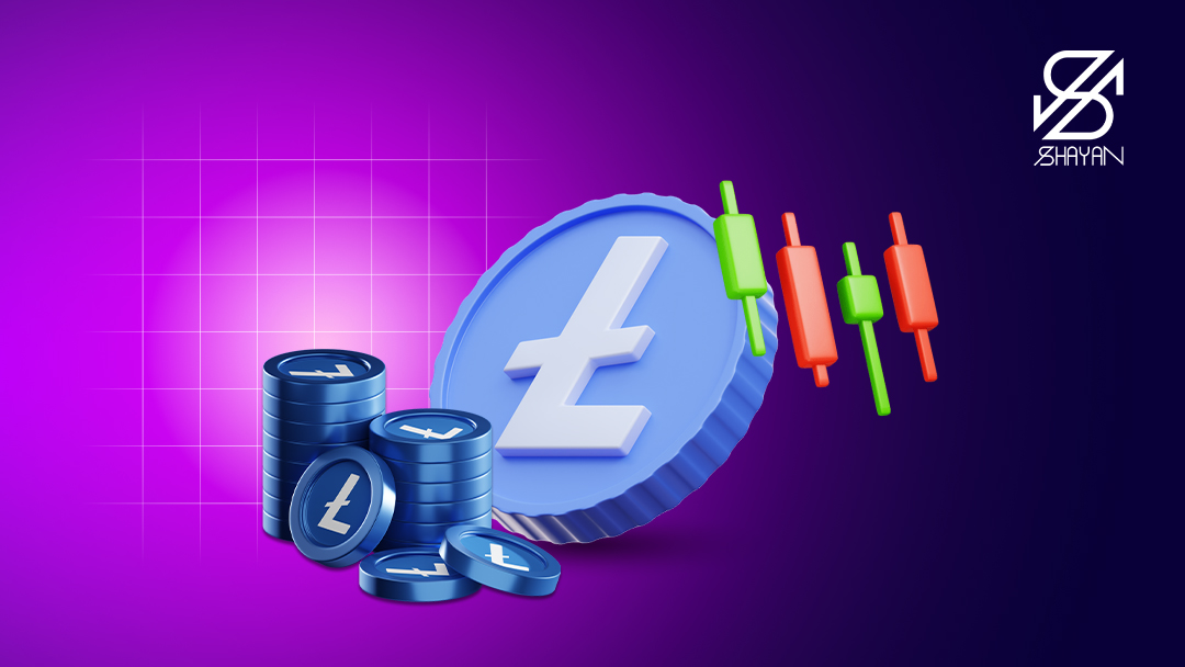 تصویر طراحی شده لوگوی لاین کوین به همراه نمودارهای تریدینگ . ستونی از سکه‌هایی که لوگوی این رمزارز روی آن حک شده است 