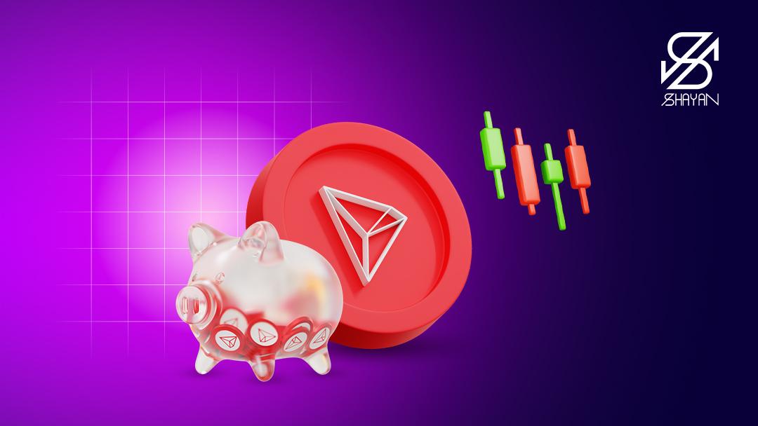 تصویر طراحی شده لوگوی رمزارز ترون به همراه نمودار تریدینگ و یک قلک در کنار آن 