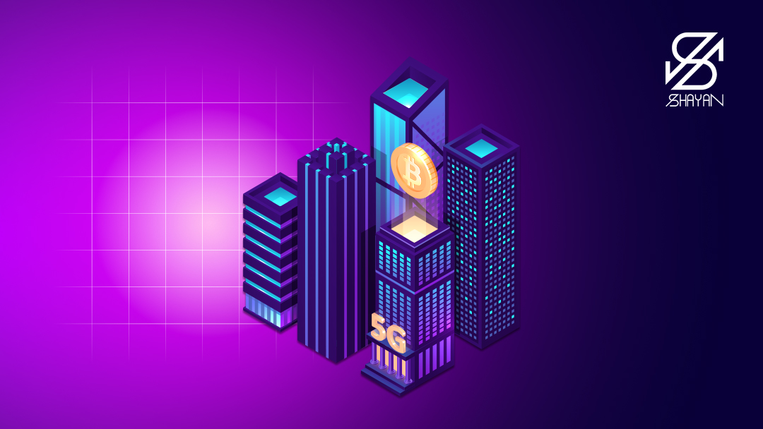 تصویر طراحی شده ساختمان‌هایی که گویی صرافی‌های ارز دیجیتال هستند و نماد بیت کوین بالای آن‌ها قرار گرفته است 