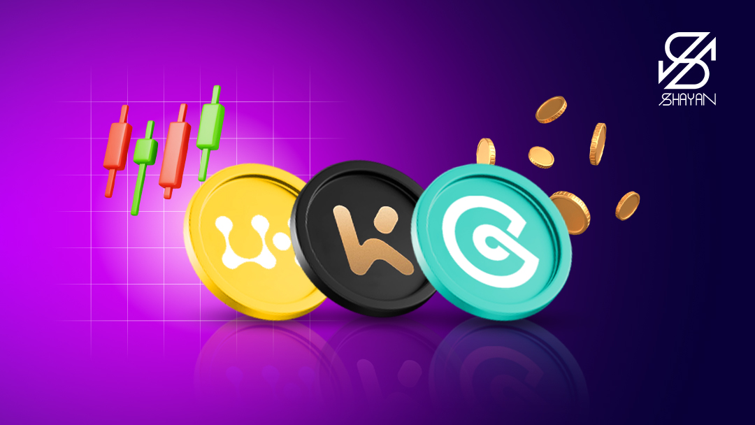 تصویر طراحی شده لوگوی برخی از مهمترین صرافی‌های خارجی در کنار یکدیگر به همراه نمودارهای تریدینگ و سکه‌های طلا در پس زمینه 