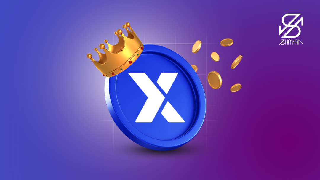 لوگوی صرافی آبان تتر با یک تاج طلایی روی سر و سکه‌های رمزارز در پس زمینه 