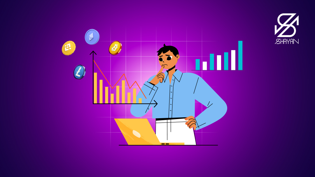 تصویر طراحی شده آدمکی در حال بررسی نمودارهای تریدینگ در لپتاپ به همراه لوگوی برخی از مهمترین رمزارزها در اطراف آن 