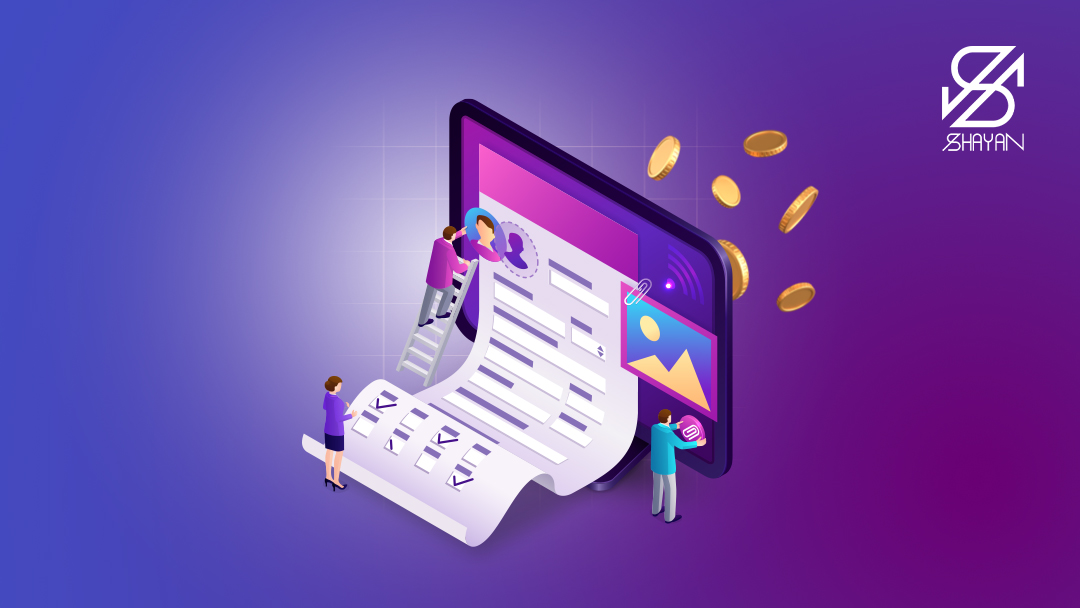 تصویر طراحی شده فرم ثبت نام در صرافی آبان تتر در فضای وب که از صفحه لپتاپ بیرون آمده و آدمک‌های در حال بررسی آن هستند 