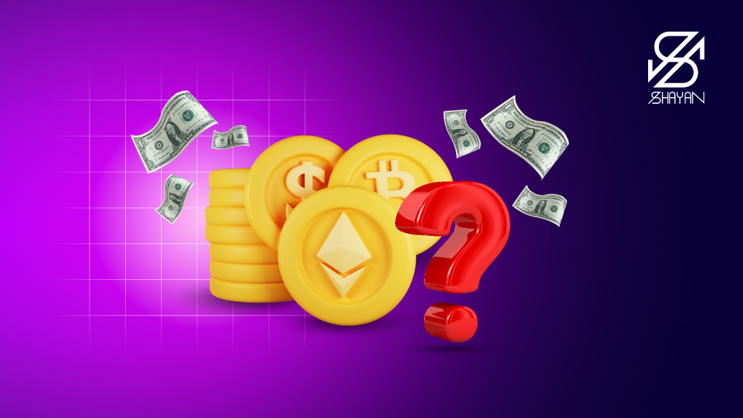 سکه‌های طلایی رنگی که روی آن‌ها لوگوی بیت کوین و تتر حک شده است به همراه اسکناس‌های دلار در پس زمینه به همراه یک علامت سوال بزرگ در مقابل آن‌ها 