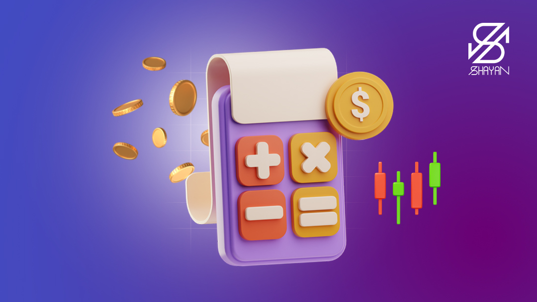 تصویر طراحی شده ماشین حساب در حال بررسی کارمزد صرافی آبان تتر به همراه سکه‌های رمزارز و نمودارهای تریدینگ در پس زمینه 