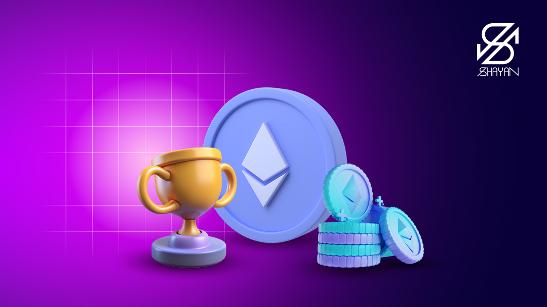 تصویر طراحی شده لوگوی اتریوم به همراه یک کاپ طلایی رنگ در کنار آن و سکه‌های کوین اتریوم در کنار آن 