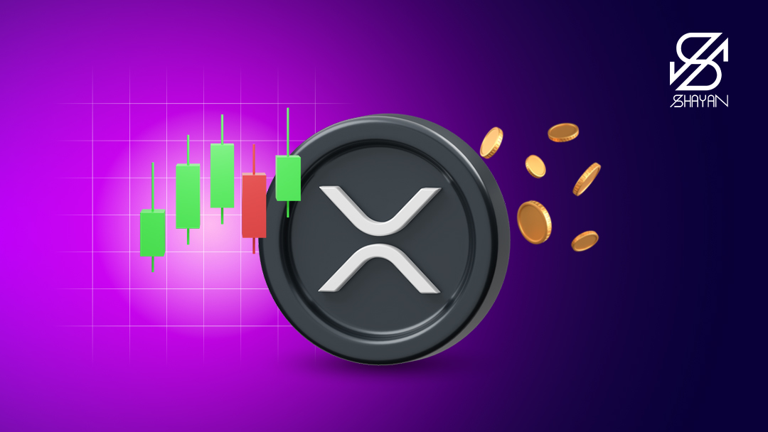 تصویر طراحی شده لوگوی ریپل به همراه نمودارهای تریدینگ و سکه‌های طلایی رنگ در پس زمینه 