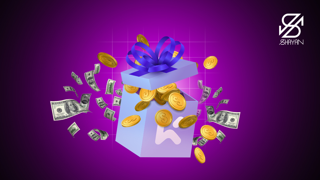 تصویر طراحی شده جعبه هدیه صرافی کی سی ایکس که سکه‌ها و اسکناس‌ها از آن بیرون می‌آیند. 