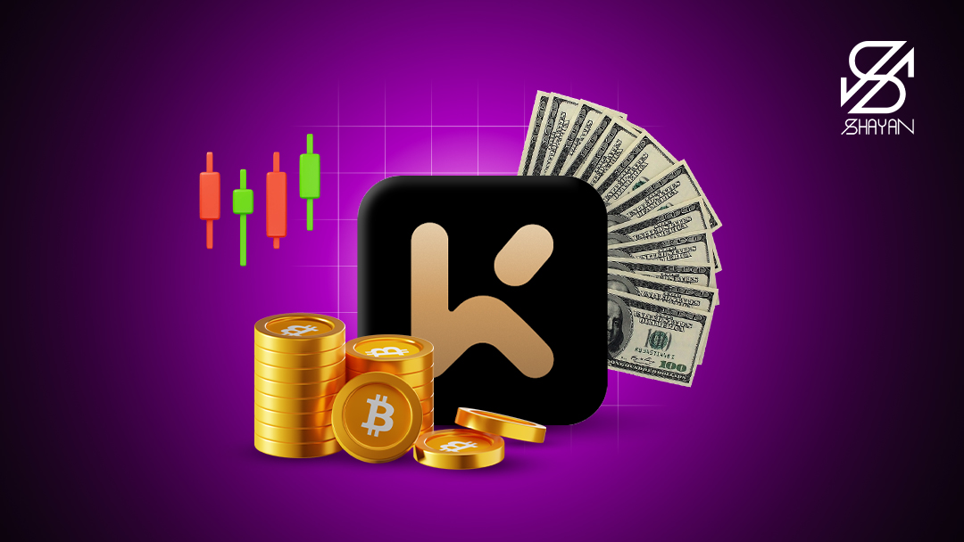 لوگوی صرافی کی سی ایکس به همراه سکه‌های بیت کوین و اسکناس‌های دلار در پس زمینه و نمودارهای تریدینگ در کنار آن 