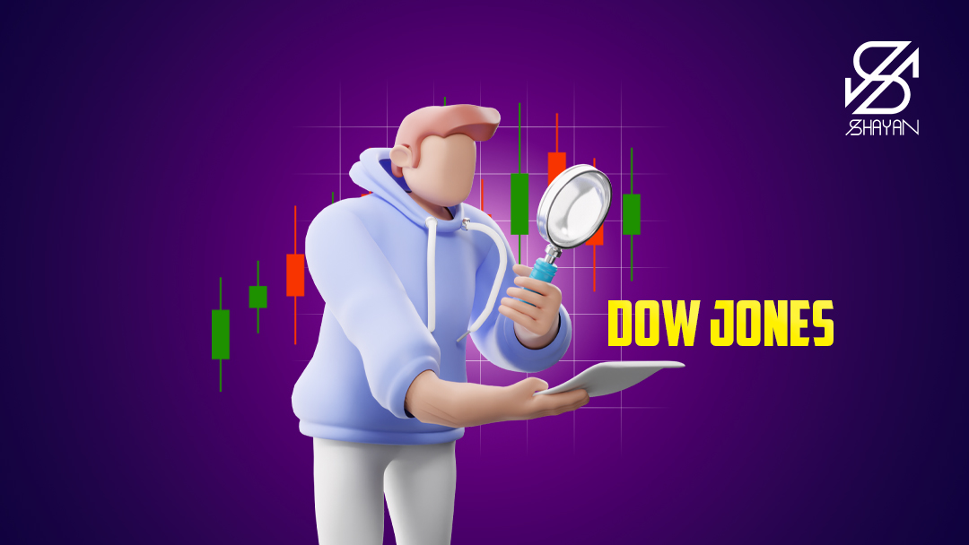 تصویر طراحی شده آدمکی که روی کلمه داوجونز ذره بین انداخته و کندل‌های معاملاتی را در پس زمینه آن می‌بینیم 