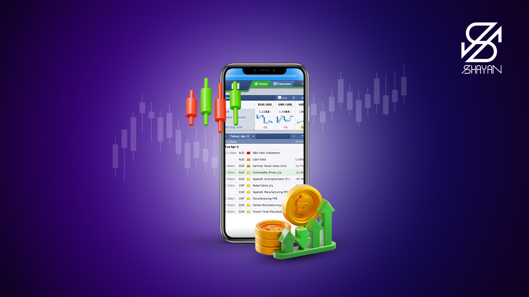 تصویر طراحی شده صفحه کاربری سایت فارکس فکتوری روی صفحه موبایل بههمراه نمودارهای رو به رشد ترید و سکه‌ای طلا در کنار آن 