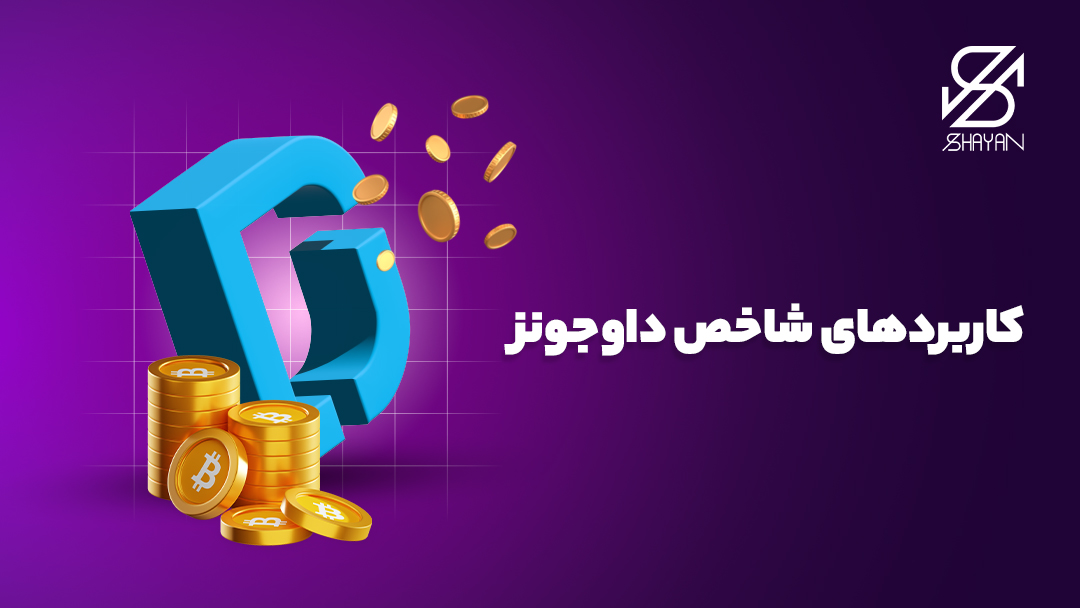 تصویر طراحی شده لوگوی شاخص داوجونز به همراه ستونی از سکه‌های بیت کوین در کنار آن و تیتر 