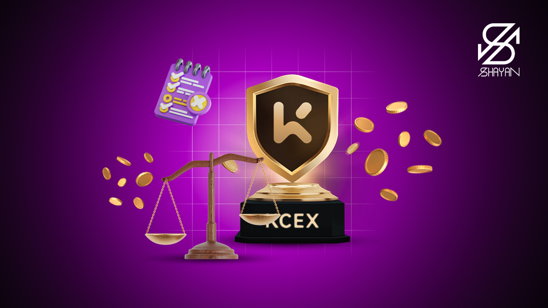 تصویر طراحی شده یک ترازو در حال سنجیدن مزایا و معایب صرافی کی سی ایکس به همراه لوگوی این صرافی در پس زمینه 