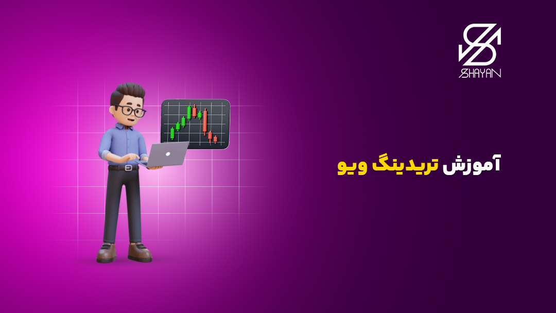 تصویر طراحی شده آدمکی که لپتاپ در دست دارد و در حال آموزش دادن تریدینگ ویو است. به همراه تیتر