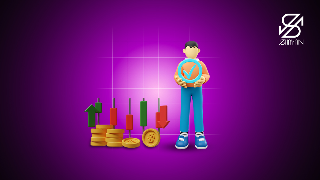 تصویر طراحی شده آدمکی که تایید آبی رنگ احراز هویت در صرافی کی سی ایکی را در دست دارد و در کنارش سکه‌های بیت کوین و نمودارهای تریدینگ را می‌بینیم 