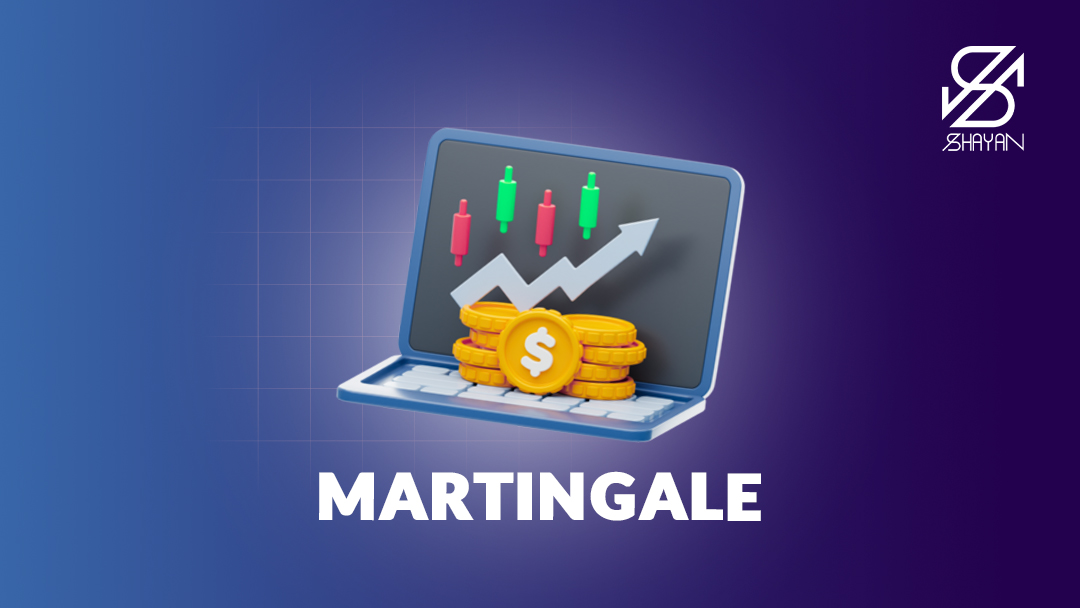 تصویر طراحی شده یک صفحه لپتاپ به همراه نمودارهای تریدینگ و سکه‌های ارز دیجیتال و نام مارتینگل در پایین آن‌ها 