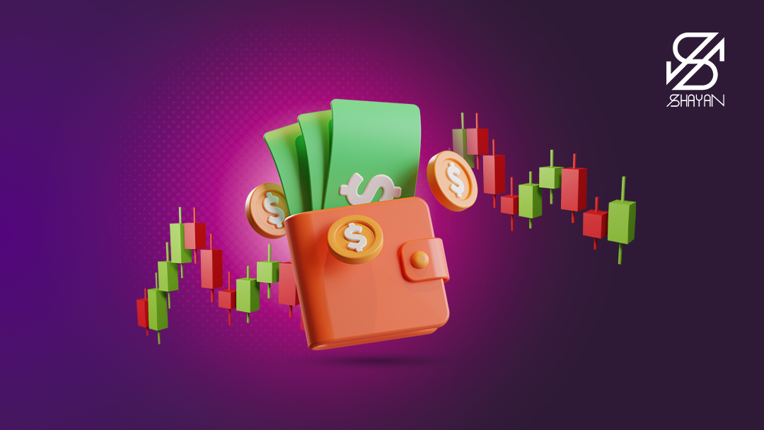 تصویر طراحی شده کیف پولی که اسکناس‌های دلار به آن وارد می‌شوند به همراه نمودارهای تریدینگ در پس زمینه و سکه‌های طلا 