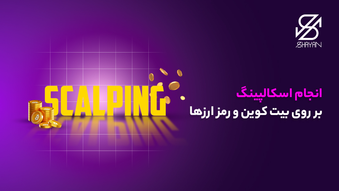 تصویر طراحی شده لوگوتایپ اسکالپینگ به همراه ستونی از سکههای بیت کوین و تیتر