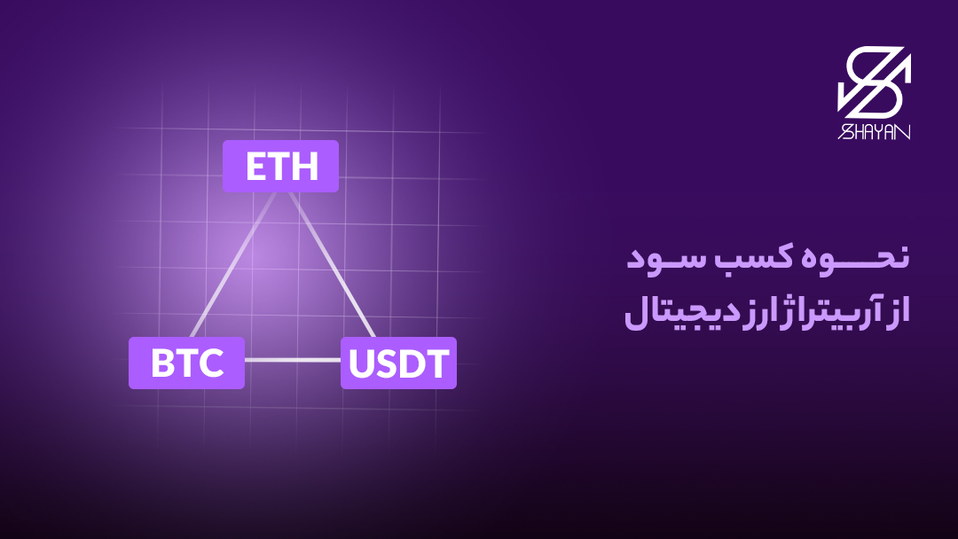 تصویر طراحی شده یک مثلث که در راس آن کلمه ETH و در زاویه سمت راست کلمه USDT و در زاویه سمت چپ کلمه BTC نوشته شده و بین آن ها فلش قرار دارد. به همراه تیتر