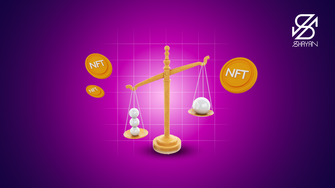 تصویر طراحی شده یک ترازو در حال سنجیدن مزایا و معایب NFT با گوی‌های سفید رنگ و لوگوی NFT در اطراف آن 