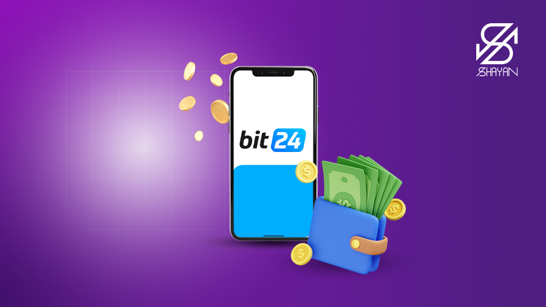 تصویر طراحی شده لوگوی صرافی بیت 24 روی صفحه موبایل به همراه یک کیف پول پر از اسکناس در کنار آن 