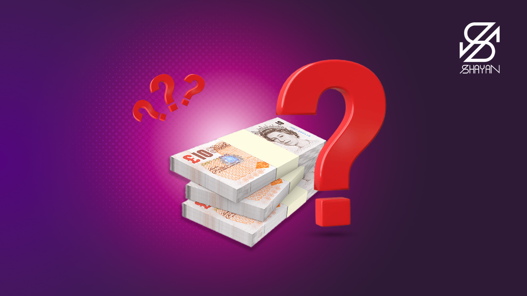 تصویر طراحی شده دسته اسکناس‌های پوند به همراه یک علامت سوال بزرگ قرمز رنگ