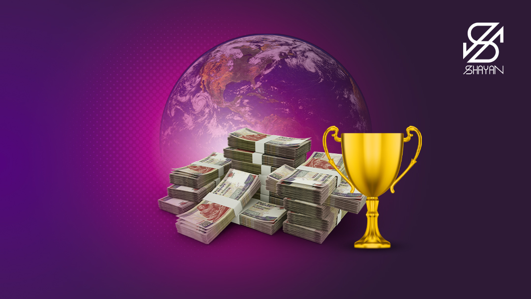 تصویر طراحی شده دسته‌های اسکناس پوند انگلستان به همراه یک کاپ قهرمانی و کره زمین در پس زمینه 