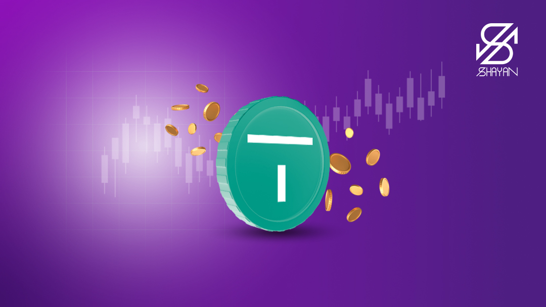 تصویر طراحی شده لوگوی صرافی تترلند به همراه سکه‌های ارز دیجیتال 