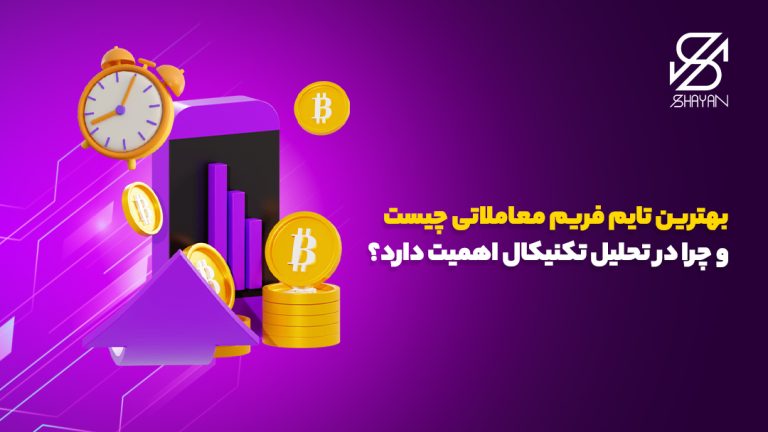 تصویر طراحی شده نمودارهای تریدینگ روی صفحه موبایل به همراه سکه‌های بیت کوین و یک ساعت بالای آن‌ها و عنوان مقاله
