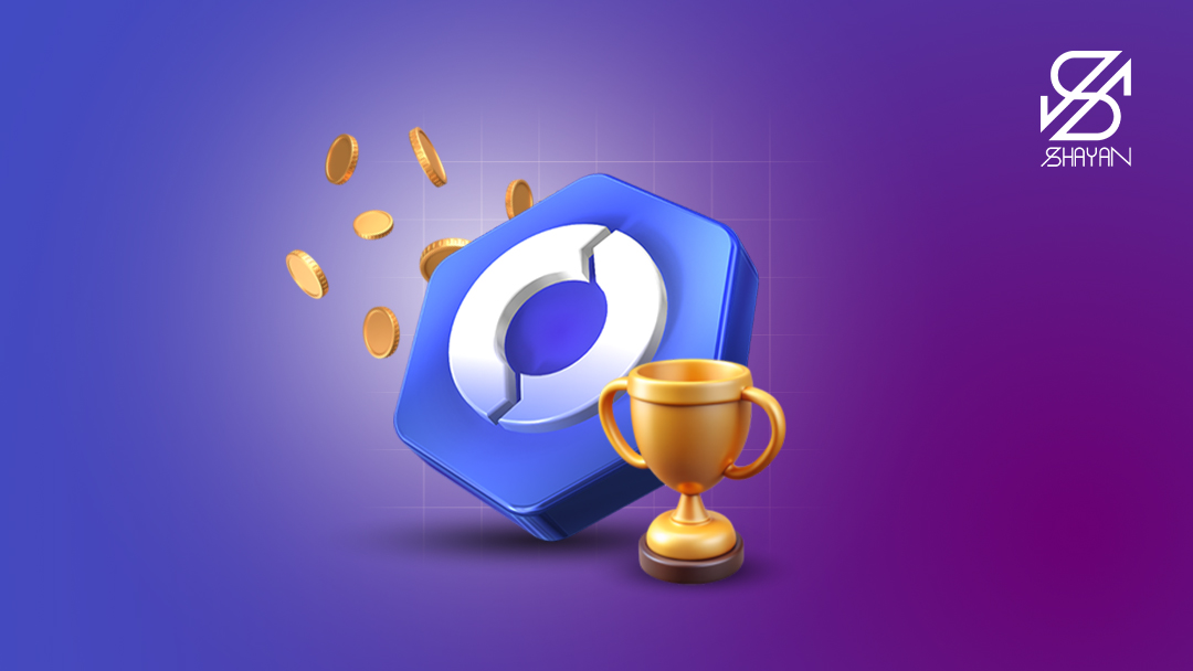 لوگوی صرافی اوکی اکسچنج به همراه یک کاپ قهرمانی در کنار آن و سکه‌های ارز دیجیتال در پس زمینه 