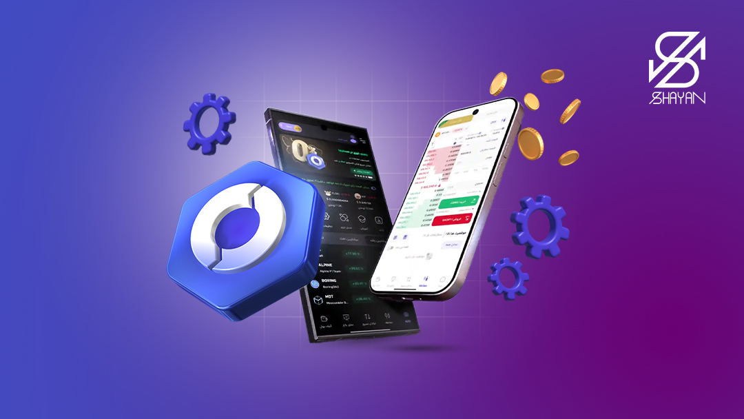 صفحه کاربری صرافی اوکی اکسچنج روی صفحه موبایل به همراه لوگوی صرافی و چرخ‌دنده‌هایی دراطراف آن 