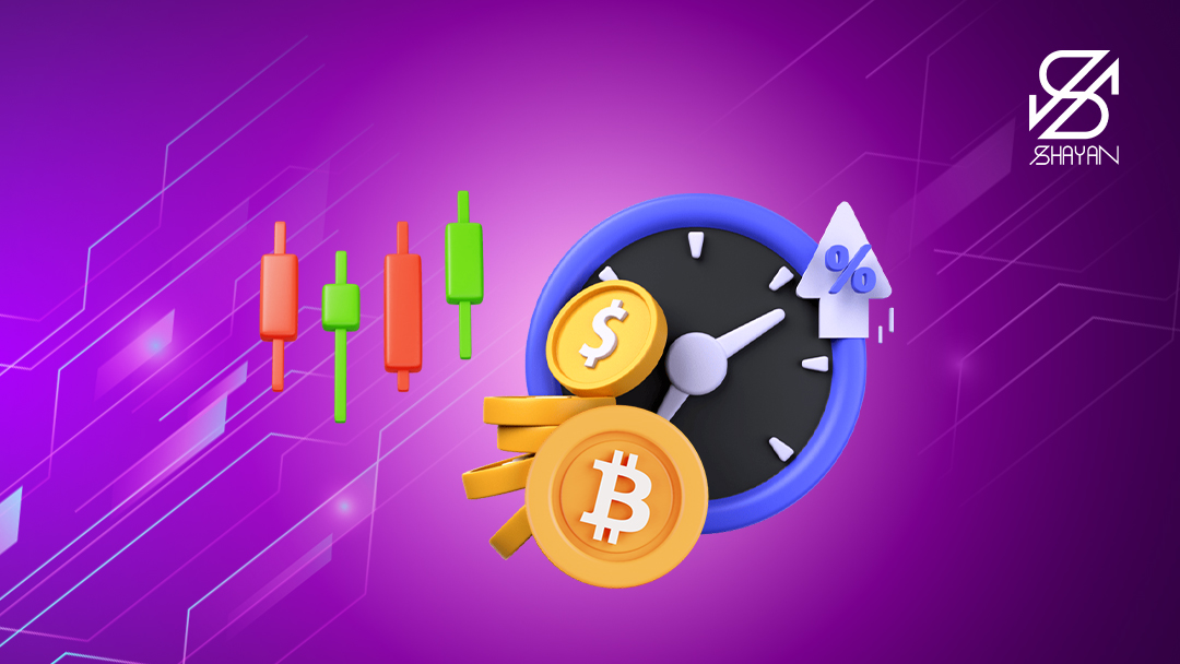 تصویر طراحی شده یک ساعت و سکه‌های بیت کوین روی آن و نمودارهای تریدینگ در پس زمینه 