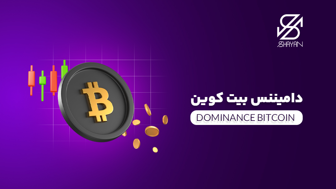 تصویر طراحی شده لوگوی بیت کوین روی یک سکه به همراه کندل های معاملاتی و سکه های طلا و تیتر
