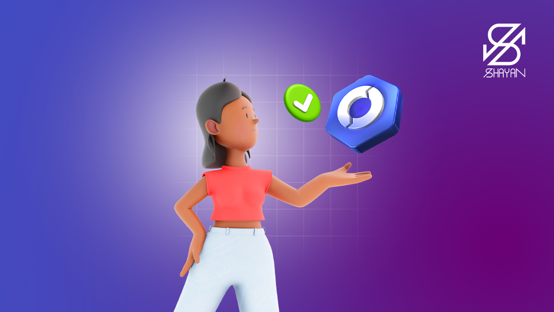 تصویر طراحی شده آدمکی که لوگوی صرافی اوکی اکسچنج را در دست دارد و تیک سبز رنگ احراز هویت بالای سر او دیده می‌شود