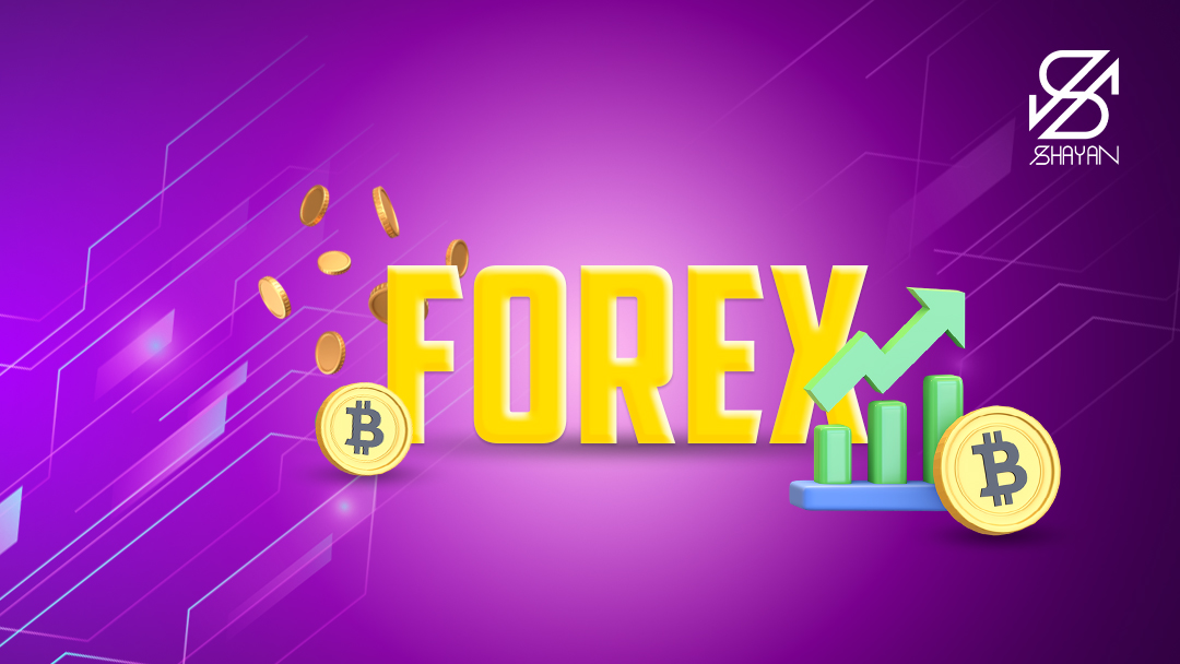 تصویر طراحی شده تایپوگرافی فارکس به همراه سکه بیت کوین و نمودار رو به رشد تریدینگ و سکه‌های طلا در پس زمینه 