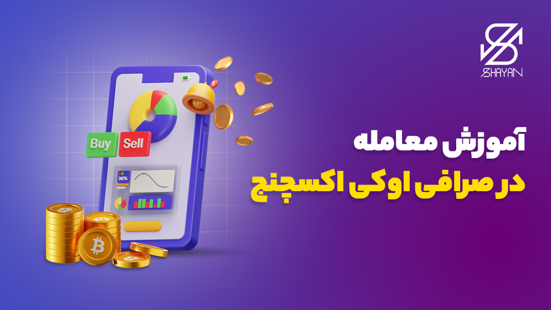 نمودارهای تریدینگ و دکمه خرید و فروش در صرافی اوکی اکسچنج روی صفحه موبایل به همراه سکه‌های بیت کوین در کنار آن و تیتر 