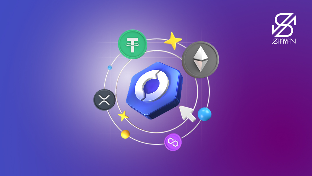 لوگوی صرافی اوکی اکسچنج در مرکز صفحه و لوگوی برخی از مهمترین رمزارزها در اطراف آن 