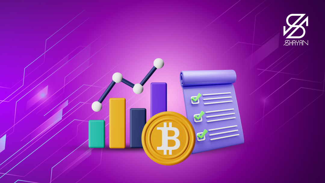 تصویر طراحی شده یک چک لیست که موارد آن تیک سبز رنگ خورده است به همراه نمودارهای تریدینگ و سکه بیت کوین در کنار آن 