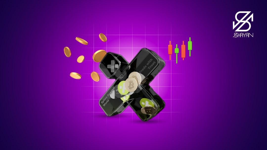 تصویر طراحی شده لوگوی صرافی ایکس تی در حالی که مقدای توکی ایکس تی را در خود جای داده است به همراه نمودارهای تریدینگ در پس زمینه 