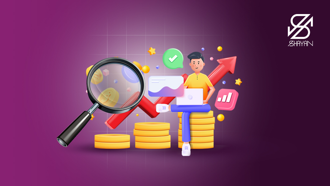 تصویر طراحی شده آدمکی که مشغول بررسی سیستم کپی تریدینگ در لپتاپ خود است به همراه ستون‌هایی از سکه‌های ارز دیجیتال و یک ذره بین بزرگ برای شناسایی روی آن‌ها 