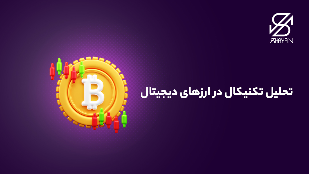 تصویر طراحی شده یک سکه بیت کوین طلایی رنگ به همراه کندل های معاملاتی برای نشان دادن تحلیل تکنیکال در ارزهای دیجیتال