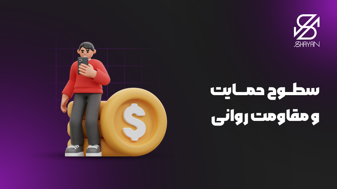 تصویر طراحی شده فردی که در صفحه گوشی به سطوح حمایت و مقاومت روانی نگاه می کند به همراه تیتر و سکه های طلا