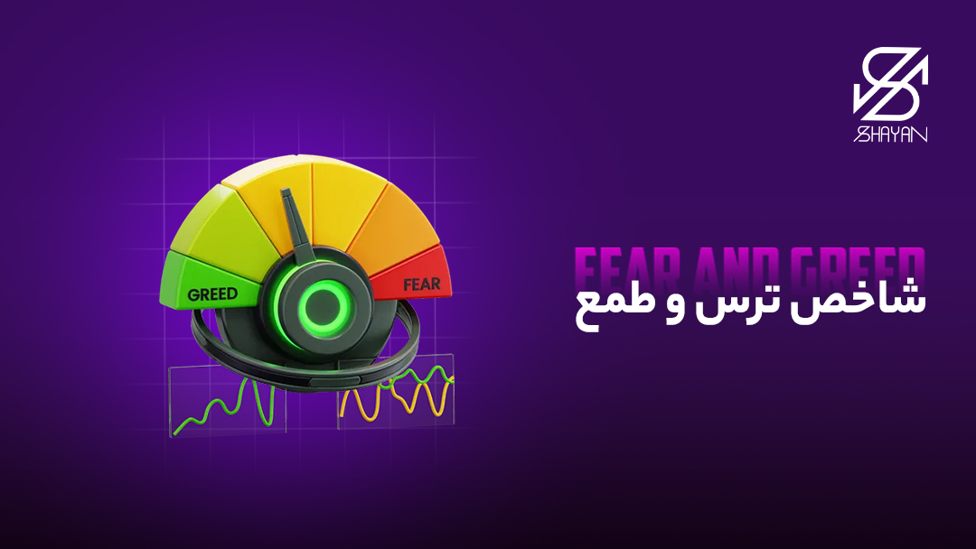 تصویر طراحی شده شاخص ترس و طمع با استفاده از یک صفحه کیلومتر که با رنگ های سبز و زرد و قرمز میزان ریسک روی آن نشان داده شده است و تیتر