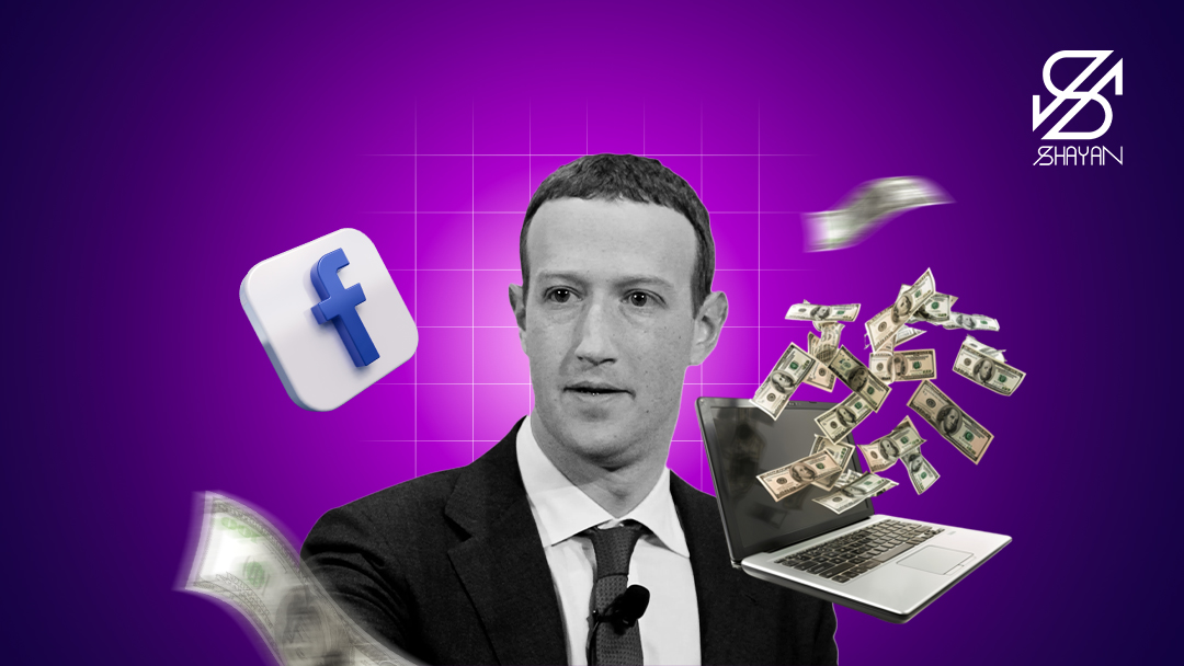 تصویر طراحی شده مارک زاکربرگ به همراه اسکناس‌های دلار، یک لپتاپ و لوگوی فیس بوک 